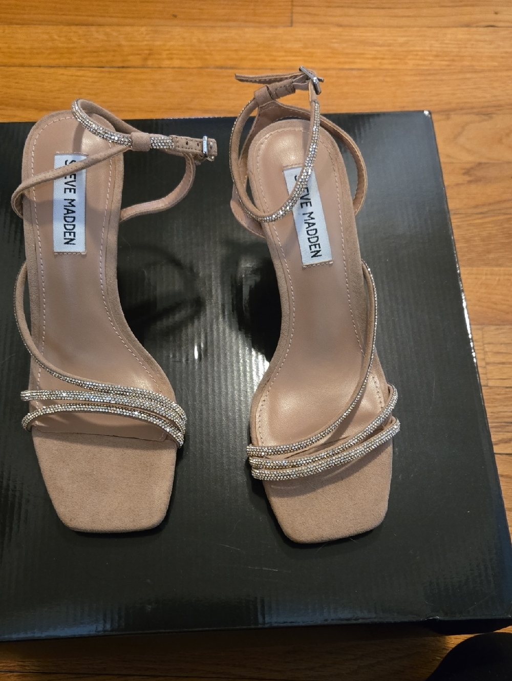 Steve Madden Beige Rhinestone-Strap Square-Toe Heels